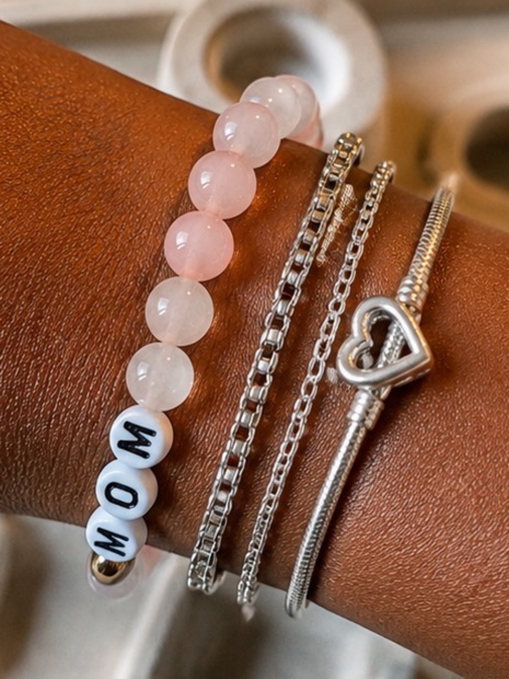 Pink & White MOM Bracelet Set of 2 | Beaded Stretch Bracelets | Gift for Mom
